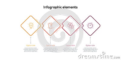 Business process chart infographics with 4 step rhombs. Square corporate workflow graphic elements. Company flowchart presentation Vector Illustration