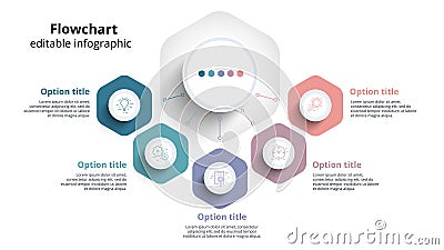 Business process chart infographics with 5 step segments. Circular corporate timeline infograph elements. Company presentation Vector Illustration