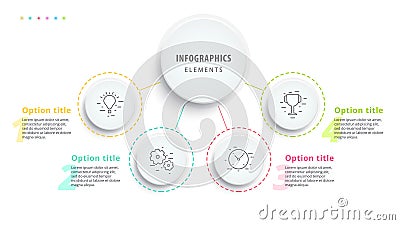 Business process chart infographics with 4 step segments. Circular corporate timeline infograph elements. Company presentation Vector Illustration