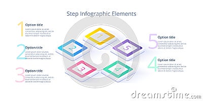 Business process chart infographics with 5 step segments. Isometric 3d corporate timeline infograph elements. Company Vector Illustration