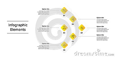 Business process chart infographics with 6 steps. Corporate workflow scheme graphic elements. Company flowchart presentation slide Vector Illustration