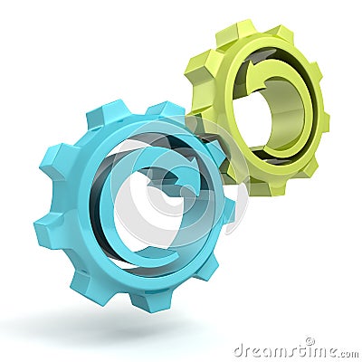 Business process concept blue green gears with arrows Stock Photo
