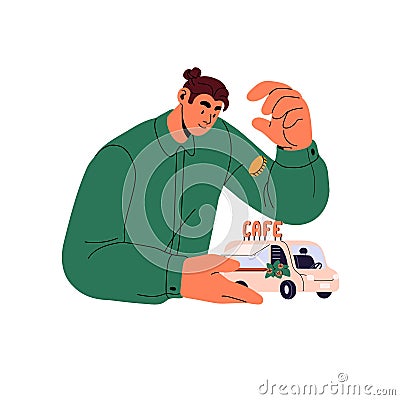 Business process concept. Entrepreneur invest money in food truck. Businessman funding to startup. People donate to new Vector Illustration