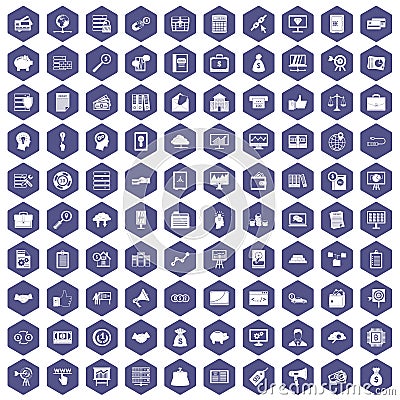 100 business process icons hexagon purple Vector Illustration