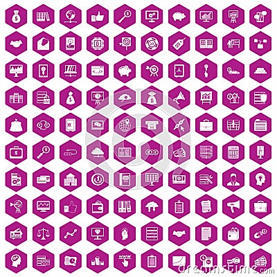 100 business process icons hexagon violet Vector Illustration