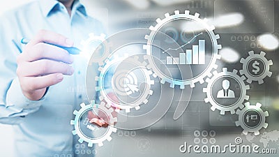 Business process management, automation workflow, document validation, connected gear cogs with icons technology concept Stock Photo