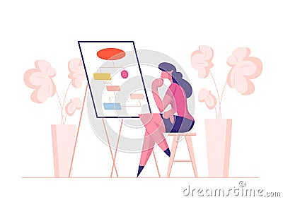 Business Process and Workflow Algorithm Concept. Businesswoman Character Drawing and Studying Flowcharts Vector Illustration