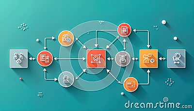 Business process workflow visualizes management, project approval. Stages include team approval, document review, manager Stock Photo