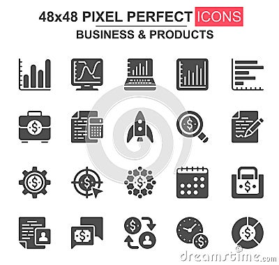 Business and products glyph icon set. Rocket, investment portfolio, finance, capital, schedule, stock index unique icons Vector Illustration