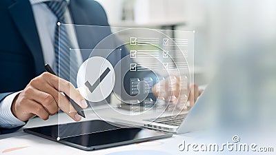 Business Professional Using Digital Checklist Interface, Interactive Planning and Task Management on Touchscreen Device for High Stock Photo