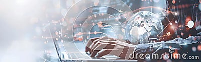 Business professional using laptop with digital global network visualization, computer programming, digital marketing Stock Photo