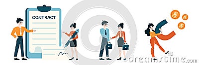 Business professionals engage in contract negotiations, handshake agreements, and magnetizing profits Vector Illustration