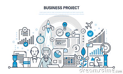 Business project, control, time management, marketing, statistics, analysis, data control. Vector Illustration