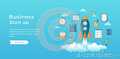 Business project startup, financial planning, idea, strategy, management, realization and success. Rocket launch with documents Vector Illustration