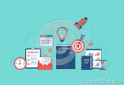 Business project startup Financial planning Idea Strategy Management Realization Success. Rocket launch, business plan, hourglass Vector Illustration