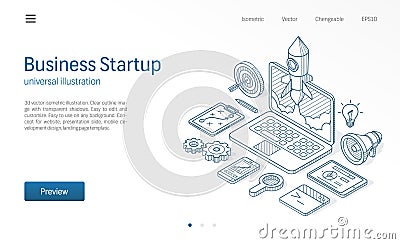 Business project startup modern isometric line illustration. Laptop rocket launch drawn sketch icon. Innovation, success Vector Illustration