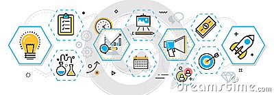 Business project startup process banner and scheme in hexagons e Vector Illustration