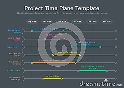 Business project time plan template with project tasks in time intervals - dark version Vector Illustration