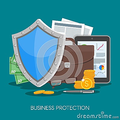 Business protection concept vector illustration. Shield protect data and business from risks. Poster in flat style Vector Illustration