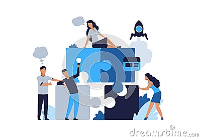 Business puzzle concept. Teamwork and partnership flat puzzle with cartoon businessman. Vector people connected in Vector Illustration