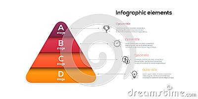 Business pyramid chart infographics with 4 steps. Pyramidal stages graph elements. Company hiararchy levels presentation template Vector Illustration