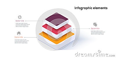 Business pyramid chart infographics with 3 steps. Pyramidal stages graph elements. Company hiararchy levels presentation template Vector Illustration