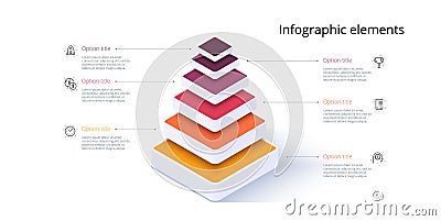 Business pyramid chart infographics with 6 steps. Pyramidal stages graph elements. Company hiararchy levels presentation template Vector Illustration