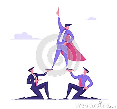 Business Pyramid Concept. Successful Manager or Businessman Wearing Super Hero Cloak Stand on Top Vector Illustration