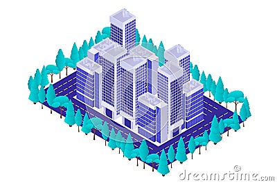 Business quarter with skyscrapers and park isometric. Center modern city business high rise buildings. Vector Illustration