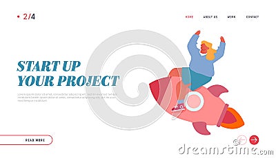 Business Race Competition, Creative Idea Project Website Landing Page. Happy Businesswoman Flying on Rocket Engine Vector Illustration