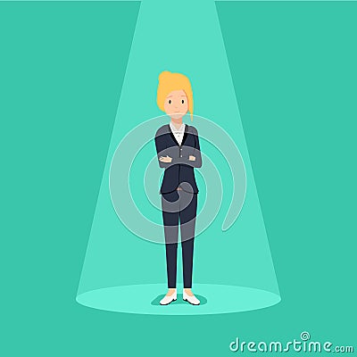 Business recruitment or hiring concept. Looking for talent. Businesswoman standing in spotlight or searchlight Cartoon Illustration