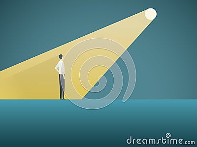 Business recruitment or hiring vector concept. Businessman standing in spotlight or searchlight as symbol of unique Vector Illustration