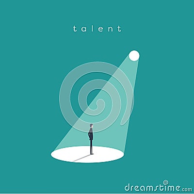 Business recruitment or hiring vector concept. Businessman standing in spotlight or searchlight as symbol of unique Vector Illustration