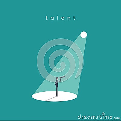 Business recruitment or hiring vector concept. Businessman standing in spotlight or searchlight looking for new career Vector Illustration