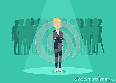 Business recruitment or hiring vector concept. Looking for talent. Businesswoman standing in spotlight or searchligh Vector Illustration