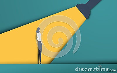 Business recruitment and talent headhunting vector concept in modern 3d paper cutout style. Businesswoman in spotlight Vector Illustration