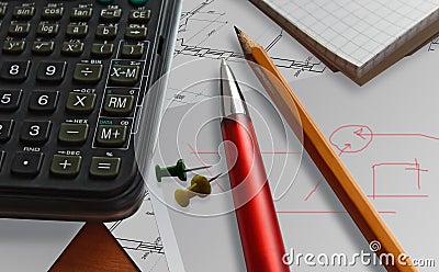 Business red pen background calculator Stock Photo