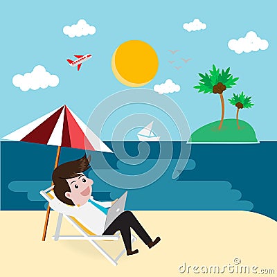 Business relax on beach with tablet. Vector Illustration
