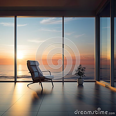 business and relaxation in this minimalist bungalow interior, space for copy Stock Photo