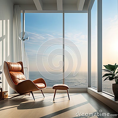 business and relaxation in this minimalist bungalow interior, space for copy Stock Photo