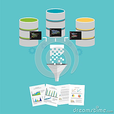 Business reports. Extract knowledge from data. Data mining or business intelligence Vector Illustration
