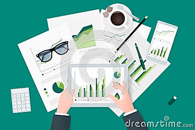Business reports on paper sheet, modern electronic and mobile devices. Vector Illustration