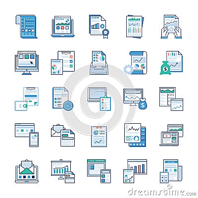 Business Reports, Statical Analysis, Financial Report, Flat Icons Set Vector Illustration