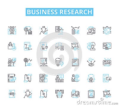 Business research linear icons set. Analysis, Trends, Insights, Survey, Data, Market, Strategy line vector and concept Vector Illustration