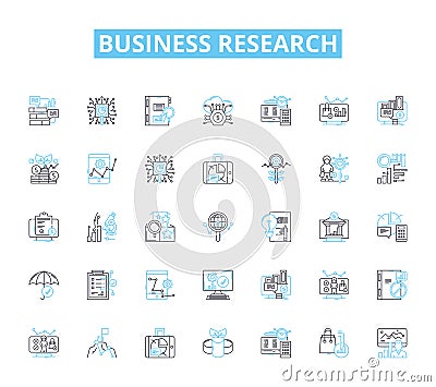 Business research linear icons set. Analysis, Trends, Insights, Survey, Data, Market, Strategy line vector and concept Vector Illustration