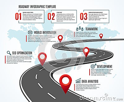 Business road map. Strategy timeline with milestones, way to success. Workflow, planning route infographic Vector Illustration