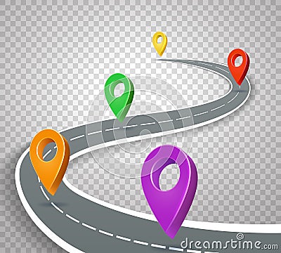 Business roadmap 3d pointers on transparent background. Abstract road with pins vector illustration Vector Illustration