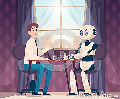 Business robots. People and androids connection exact vector conceptual cartoon background play chess Vector Illustration