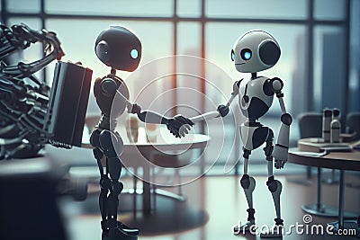 Business robots shaking hands in modern office Cartoon Illustration