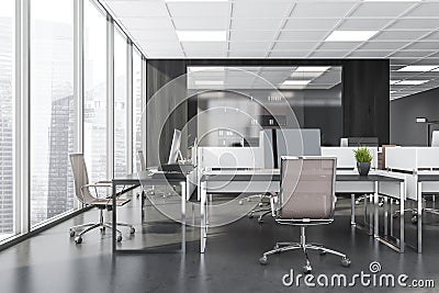 Business room interior with office furniture and private manager room, city view Stock Photo